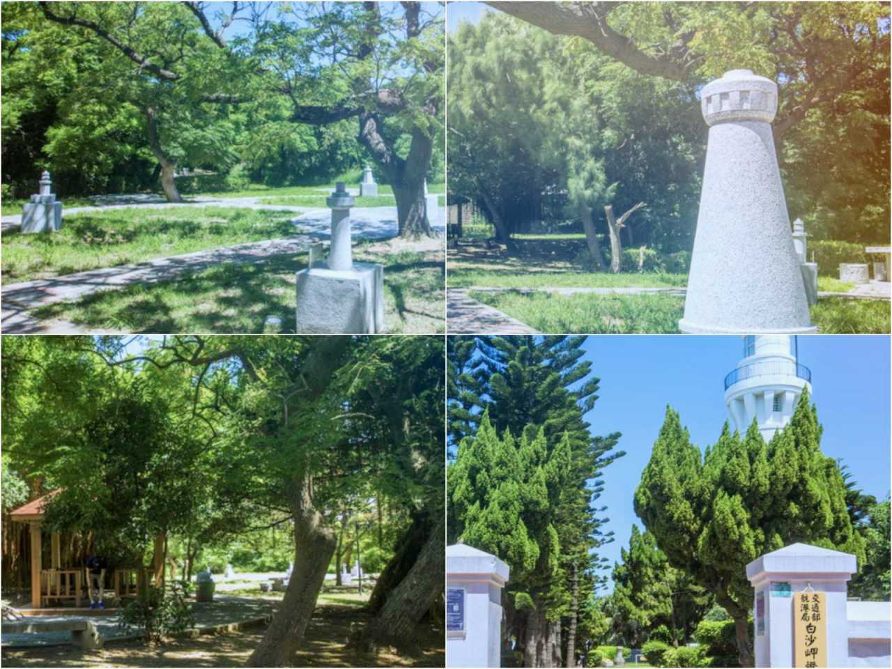 桃園觀音 白沙岬燈塔。藍天下的白色燈塔，週邊有環形步道可以散步。