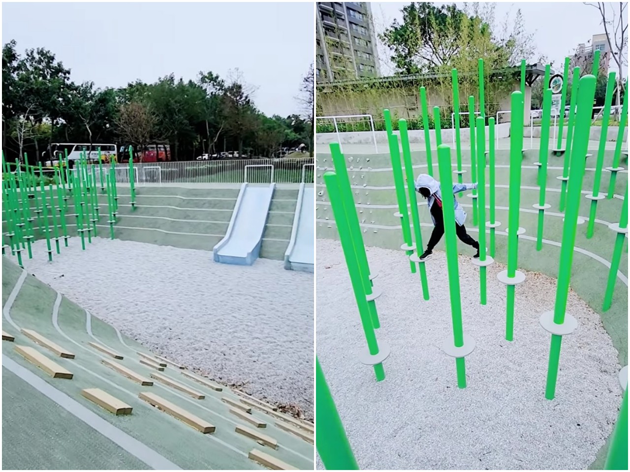 竹北興隆公園自然森林遊戲場。遊具多樣又好玩，竹林意象的跳樁彷彿在練輕功。