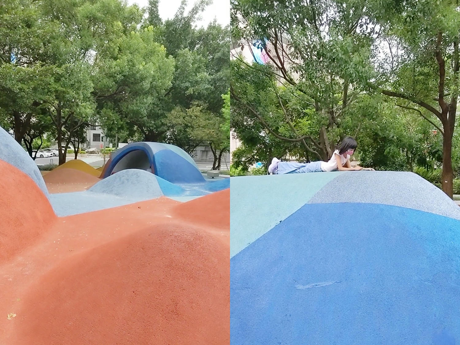桃園平鎮 1895乙未保台公園。氣勢磅礡清水模牆和鏡面水池，繽紛山丘兒童遊戲區。