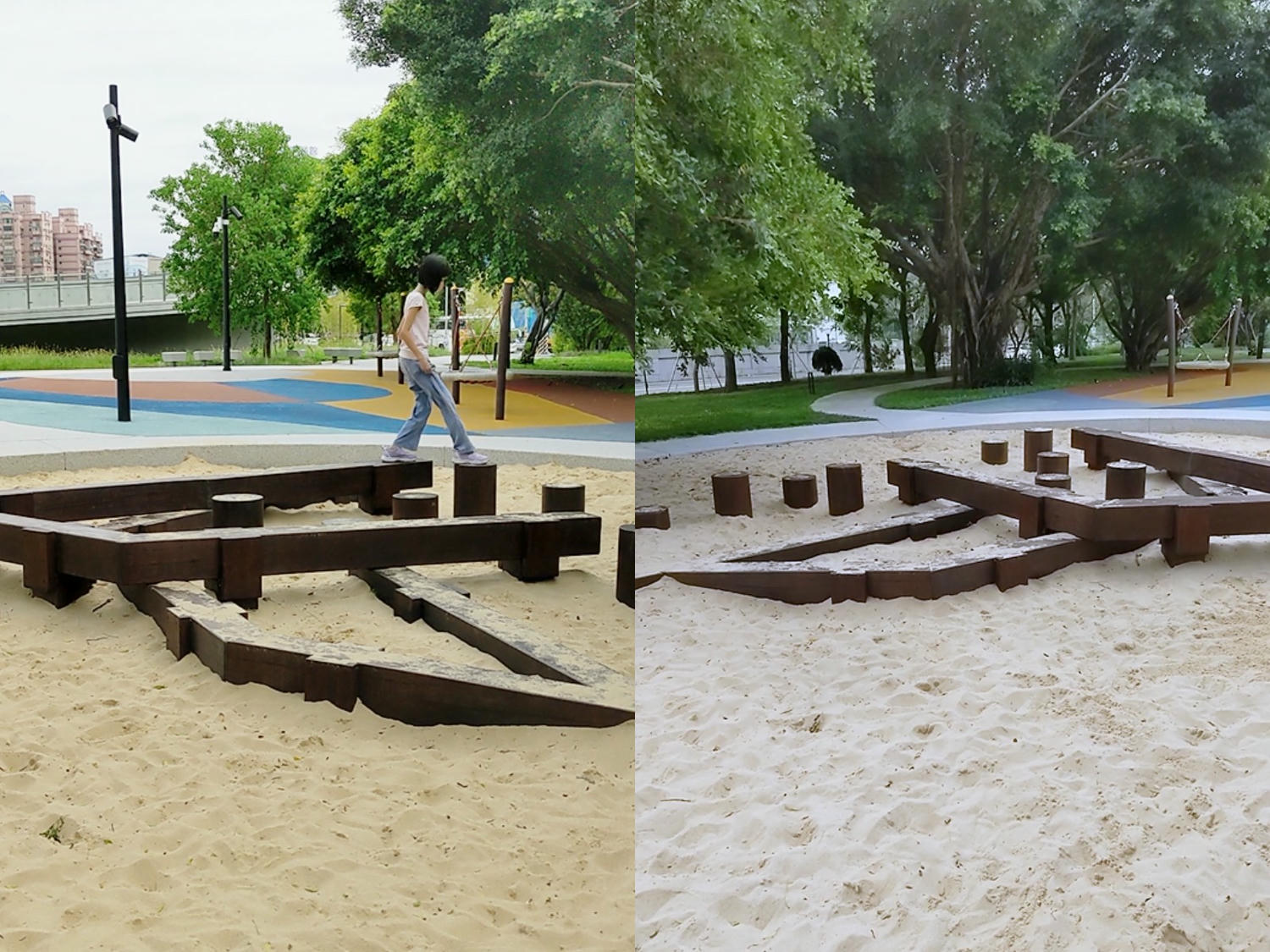 桃園平鎮 1895乙未保台公園。氣勢磅礡清水模牆和鏡面水池，繽紛山丘兒童遊戲區。