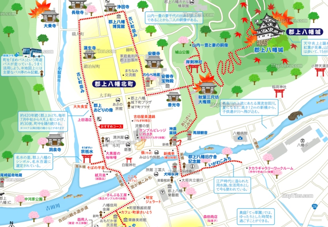日本岐阜県 郡上八幡城。有天空之城的美稱，登上天守閣眺望魚形城下町與群山環繞的美景。