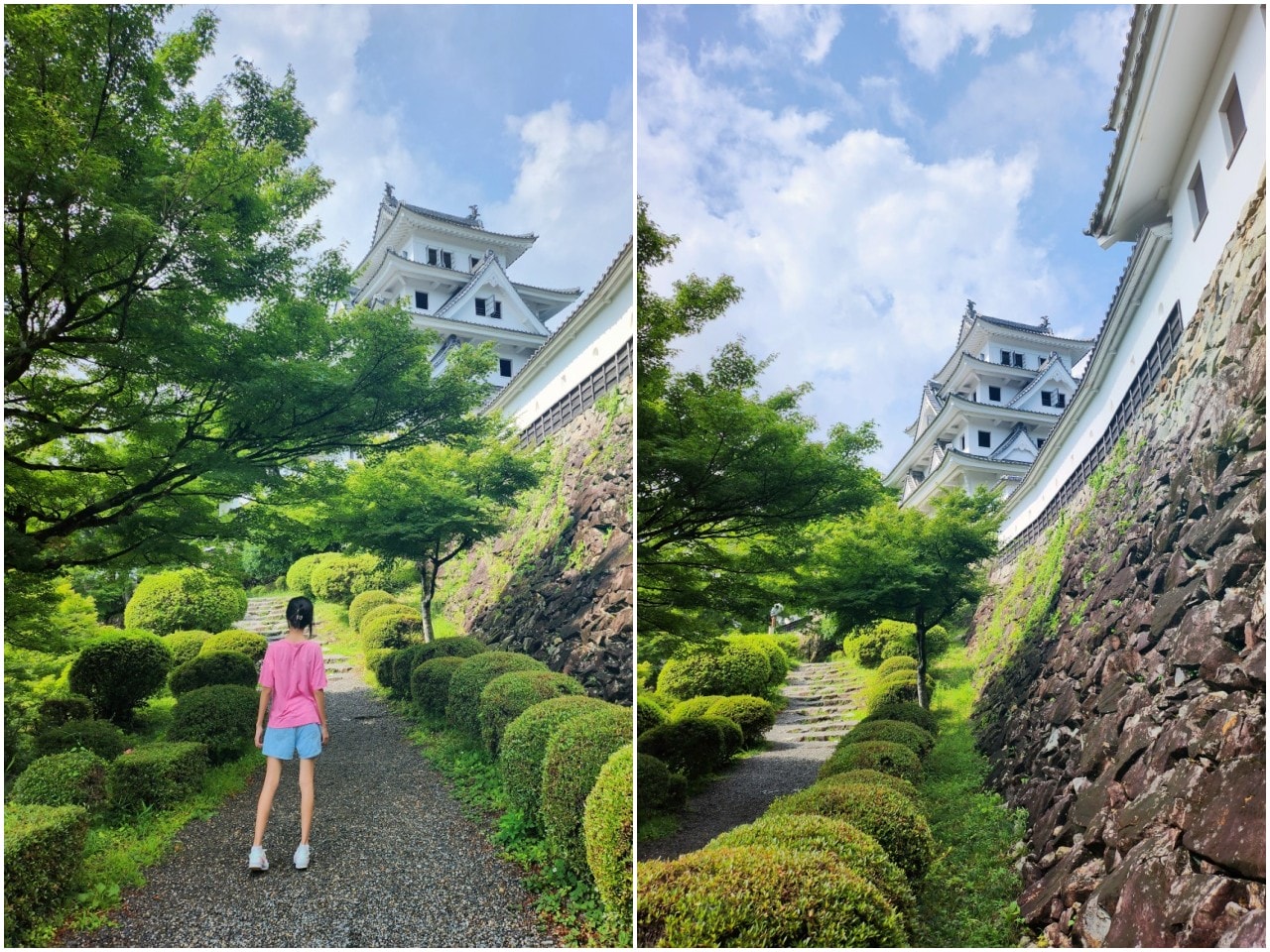 日本岐阜県 郡上八幡城。有天空之城的美稱，登上天守閣眺望魚形城下町與群山環繞的美景。