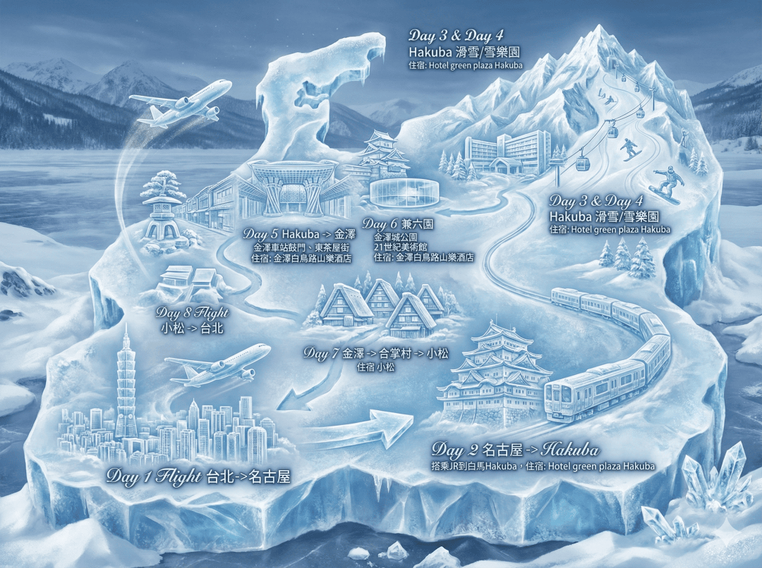 長野白馬 Ski in Ski out 滑雪行程筆記。白馬科爾蒂納滑雪場，可悠閒滑雪，再安排拜訪 雪化妝的金澤兼六園 和 夢幻合掌村雪景