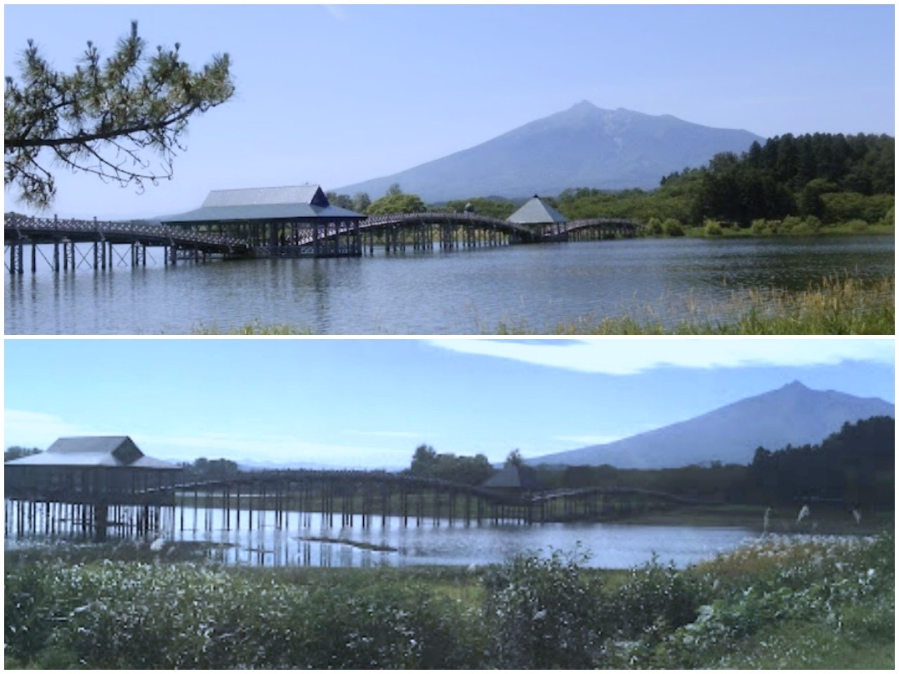 雪中的青森縣 鶴之舞橋。在津輕富士見湖的湖水和雄偉壯麗岩木山襯托之下，優美的橋身猶如飛舞於空中的鶴一般
