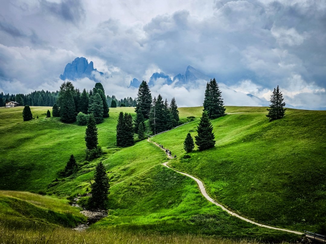 義大利多洛米蒂景點 休斯草原 Alpe di Siusi。綠色的絲絨地毯配上巍峨山景