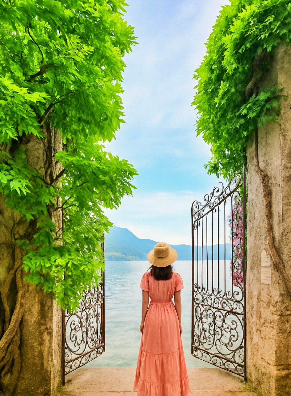科莫湖瓦倫納 Villa Cipressi Garden，通往湖水的大門與湖畔夢幻花園