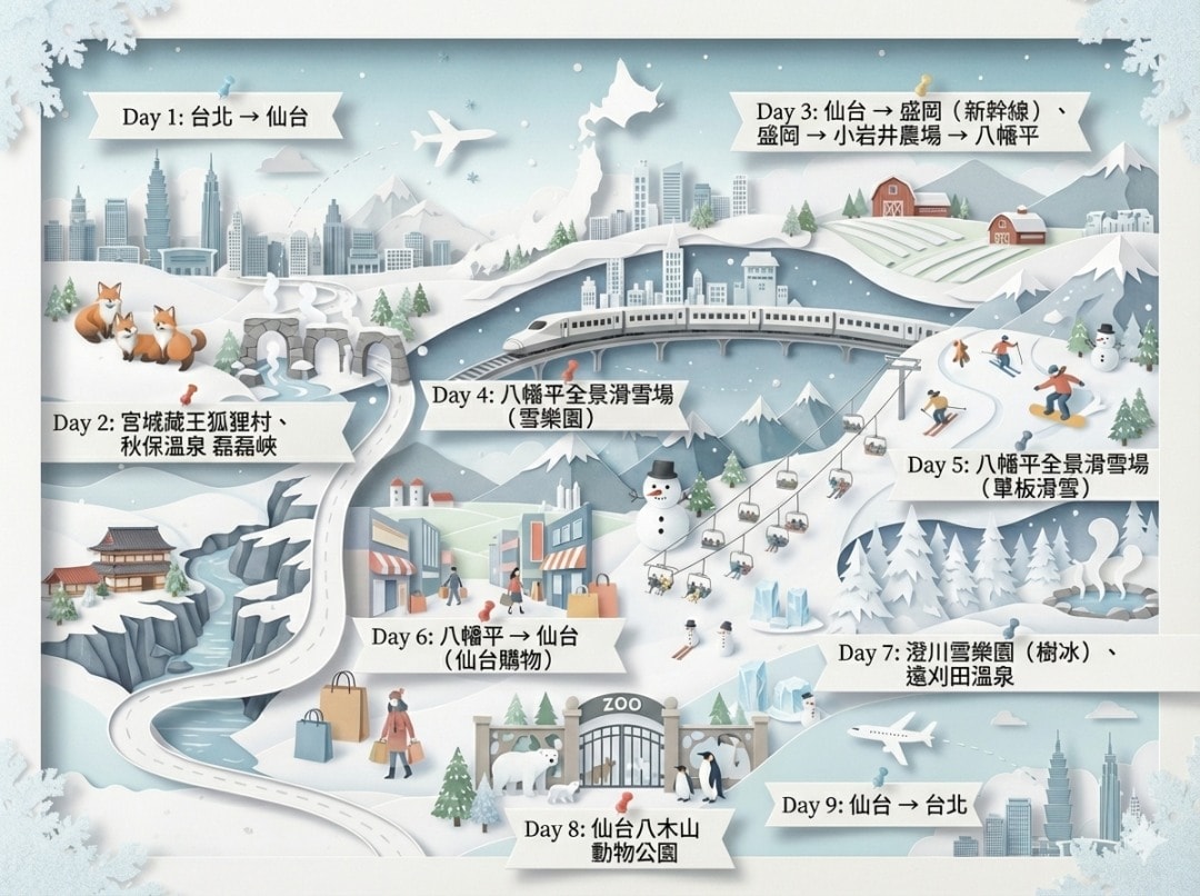 冬季東北滑雪賞雪行程: 仙台、 八幡平全景滑雪場、 宮城藏王樹冰、藏王狐狸村