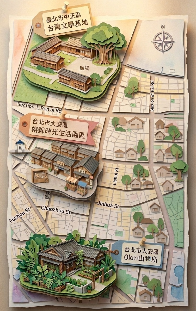 台北市日式老屋散步地圖，一條路線玩遍五大超人氣日式老建築：台灣文學基地、榕錦時光、0km山物所、樂埔町、紀州庵